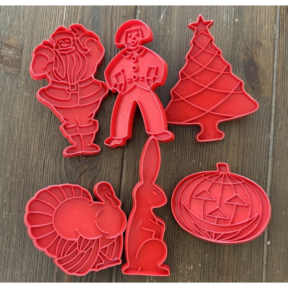 6 VTG Tupperware Cookie Cutters Red Plastic Holidays Xmas Easter Halloween
